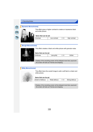 Page 109109
4. Recording Modes
This effect gives a higher contrast to create an impressive black 
and white picture.
This effect creates a black and white picture with granular noise.
This effect blurs the overall image to add a soft feel to a black and 
white picture.
[Dynamic Monochrome]
Items that can be set
Contrast Low contrast High contrast
[Rough Monochrome]
Items that can be set
Grittiness Less gritty Grittier
•Display of the recording screen will be delayed more than usual and 
the screen will look as...