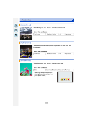 Page 110110
4. Recording Modes
This effect gives your photo a dramatic contrast look.
This effect produces the optimum brightness for both dark and 
bright parts.
This effect gives your photo a dramatic color look.
[Impressive Art]
Items that can be set
Freshness Black and white Pop colors
[High Dynamic]
Items that can be set
Freshness Black and white Pop colors
[Cross Process]
Items that can be set
ColorGreen tone/Blue tone/Yellow tone/Red tone
•Select the desired color tone by 
rotating the control dial, and...