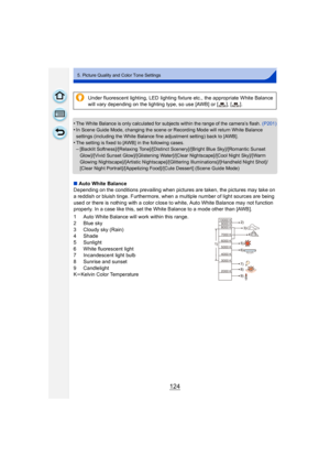 Page 124124
5. Picture Quality and Color Tone Settings
•The White Balance is only calculated for subjects within the range of the camera’s flash. (P201)•In Scene Guide Mode, changing the scene or Recording Mode will return White Balance 
settings (including the White Balance fine adjustment setting) back to [AWB].
•The setting is fixed to [AWB] in the following cases.–[Backlit Softness]/[Relaxing Tone]/[Distinct Scenery]/[Bright Blue Sky]/[Romantic Sunset 
Glow]/[Vivid Sunset Glow]/[Glistening Water]/[Clear...
