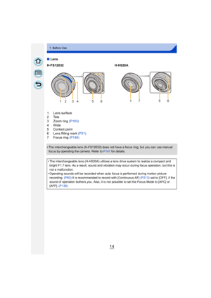 Page 1414
1. Before Use
∫Lens
•
The interchangeable lens (H-FS12032) does not have a focus ring, but you can use manual 
focus by operating the camera. Refer to  P147 for details.
H-FS12032 H-H020A
1 Lens surface
2Tele
3Zoom ring  (P193)
4Wide
5 Contact point
6 Lens fitting mark  (P21)
7 Focus ring (P148)
•
The interchangeable lens (H-H020A) utilizes a lens drive system to realize a compact and 
bright F1.7 lens. As a result, sound and vibration may occur during focus operation, but this is 
not a malfunction....