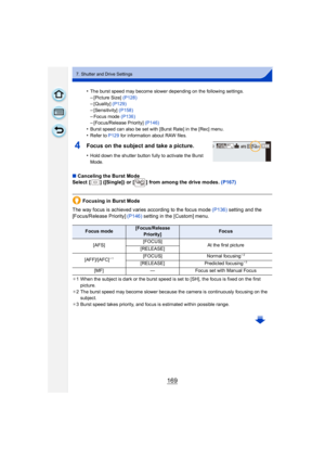 Page 169169
7. Shutter and Drive Settings
•The burst speed may become slower depending on the following settings.
–[Picture Size] (P128)–[Quality] (P129)
–[Sensitivity] (P158)
–Focus mode (P136)–[Focus/Release Priority]  (P146)
•Burst speed can also be set with [Burst Rate] in the [Rec] menu.
•Refer to P129 for information about RAW files.
4Focus on the subject and take a picture.
•Hold down the shutter button fully to activate the Burst 
Mode.
∫Canceling the Burst Mode
Select  [ ] ([Single]) or [ ] from among...