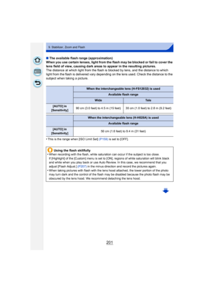 Page 201201
9. Stabilizer, Zoom and Flash
∫The available flash range (approximation)
When you use certain lenses, light from the flash may be blocked or fail to cover the 
lens field of view, causing dark areas to appear in the resulting pictures.
The distance at which light from the flash is blocked by lens, and the distance to which 
light from the flash is delivered vary depending on the lens used. Check the distance to the 
subject when taking a picture.
•
This is the range when [ISO Limit Set]  (P159) is...