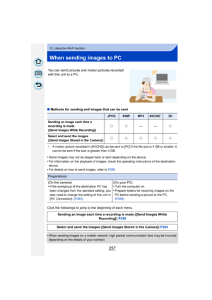 Page 257257
12. Using the Wi-Fi function
When sending images to PC
∫Methods for sending and images that can be sent
¢ A motion picture recorded in [AVCHD] can be sent to [PC] if the file size is 4 GB or smaller. It 
cannot be sent if the size is greater than 4 GB.
•Some images may not be played back or sent depending on the device.
•For information on the playback of images, check the operating instructions of the destination 
device.
•For details on how to send images, refer to  P280.
Click the followings to...