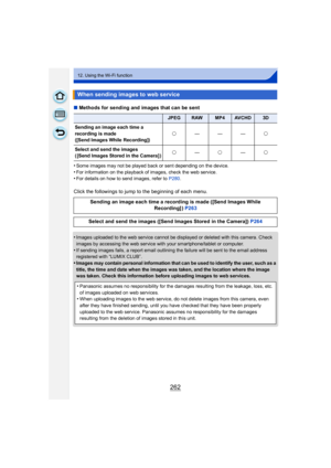 Page 262262
12. Using the Wi-Fi function
∫Methods for sending and images that can be sent
•
Some images may not be played back or sent depending on the device.
•For information on the playback of images, check the web service.•For details on how to send images, refer to  P280.
Click the followings to jump to the beginning of each menu.
•
Images uploaded to the web service cannot be displayed or deleted with this camera. Check 
images by accessing the web service with your smartphone/tablet or computer.
•If...