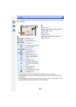 Page 307307
14. Others
¢1 Only available when a lens that supports the Stabilizer function is attached.
¢ 2 This is displayed for about 5 seconds when the camera is turned on if the [Profile Setup] 
setting is set.
¢ 3 This is displayed for about 5 seconds when the camera is turned on, after setting the clock 
and after switching from Playback Mode to Recording Mode.
In recording
2
A›Quality  (P129)
Focus Mode  (P136)
šØAF Mode (P135)
Face Recognition  (P185)
AF Lock (P155)
Burst (P168)
Auto Bracket  (P171)...