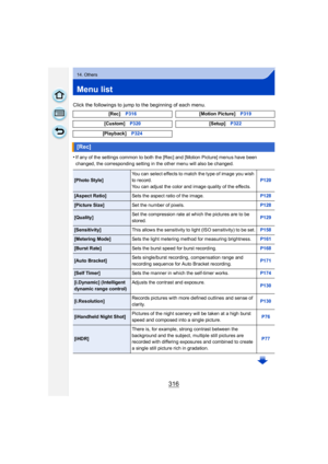 Page 316316
14. Others
Menu list
Click the followings to jump to the beginning of each menu.
•
If any of the settings common to both the [Rec] and [Motion Picture] menus have been 
changed, the corresponding setting in the other menu will also be changed.[Rec]
P316 [Motion Picture]P319
[Custom] P320 [Setup]P322
[Playback] P324
[Rec]
[Photo Style] You can select effects to match the type of image you wish 
to record.
You can adjust the color and image quality of the effects. P120
[Aspect Ratio]
Sets the aspect...
