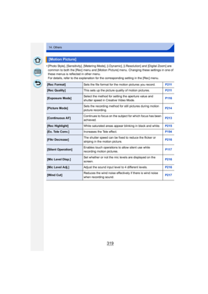 Page 319319
14. Others
•[Photo Style], [Sensitivity], [Metering Mode], [i.Dynamic], [i.Resolution] and [Digital Zoom] are 
common to both the [Rec] menu and [Motion Picture] menu. Changing these settings in one of 
these menus is reflected in other menu.
For details, refer to the explanation for the corresponding setting in the [Rec] menu.
[Motion Picture]
[Rec Format]Sets the file format for the motion pictures you record. P211
[Rec Quality]This sets up the picture quality of motion pictures. P211
[Exposure...