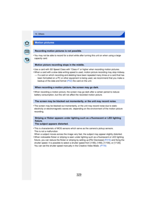 Page 329329
14. Others
•You may not be able to record for a short while after turning this unit on when using a large 
capacity card.
•Use a card with SD Speed Class with “Class 4” or higher when recording motion pictures.•When a card with a slow data writing speed is used, motion picture recording may stop midway.
>If a card on which recording and deleting have been repeated many times or a card that has 
been formatted on a PC or other equipment is being used, we recommend that you make a 
backup of the data...