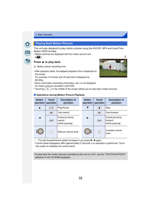 Page 6868
3. Basic Operation
This unit was designed to play motion pictures using the AVCHD, MP4 and QuickTime 
Motion JPEG formats.
•
Motion pictures are displayed with the motion picture icon 
([ ]).
Press 3 to play back.
AMotion picture recording time
•After playback starts, the elapsed playback time is displayed on 
the screen.
For example, 8 minutes and 30 seconds is displayed as 
[8m30s].
•Some information (recording information, etc.) is not displayed 
for motion pictures recorded in [AVCHD].
•Touching [...