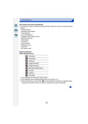 Page 7474
4. Recording Modes
∫Functions that work automatically
•The following functions are performed automatically to allow the camera to make the optimal 
settings.
–Scene Detection
–Backlight Compensation–Face Detection
–Auto White Balance
–Intelligent ISO sensitivity control–[Red-Eye Removal]
–[i.Resolution]
–[i.Dynamic]–[Long Shtr NR]
–[Shading Comp.]
–[Quick AF]–[AF Assist Lamp]
∫ Scene Detection
When taking pictures
¢ 1 Only displayed when the built-in flash is open.
¢ 2 Only displayed when [iHandheld...