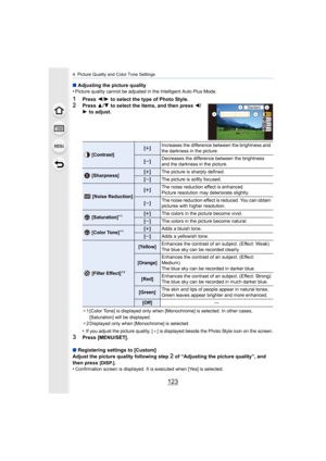 Page 123123
4. Picture Quality and Color Tone Settings
∫Adjusting the picture quality
•Picture quality cannot be adjusted in the Intelligent Auto Plus  Mode.
1Press 2/1  to select the type of Photo Style.
2Press  3/4  to select the items, and then press  2/
1  to adjust.
¢1 [Color Tone] is displayed only when [Monochrome] is selected.  In other cases, 
[Saturation] will be displayed.
¢ 2 Displayed only when [Monochrome] is selected.
•If you adjust the picture quality, [ _] is displayed beside the Photo Style...