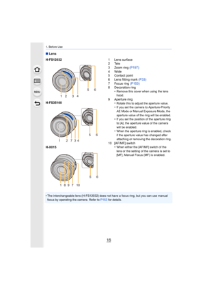 Page 161. Before Use
16
∫Lens
•
The interchangeable lens (H-FS12032) does not have a focus ring , but you can use manual 
focus by operating the camera. Refer to  P153 for details.
H-FS12032 1 Lens surface
2Tele
3 Zoom ring (P197)
4Wide
5 Contact point
6 Lens fitting mark  (P33)
7 Focus ring  (P153)
8 Decoration ring •
Remove this cover when using the lens 
hood.
9 Aperture ring•Rotate this to adjust the aperture value.•If you set the camera to Aperture-Priority 
AE Mode or Manual Exposure Mode, the 
aperture...
