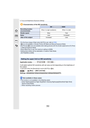 Page 163163
5. Focus and Brightness (Exposure) Settings
•For the focus range of flash when [AUTO] is set, refer to P205.•[ ] is not available in Shutter-Priority AE Mode and Manual Expo sure Mode.•[AUTO] and [ ] are not available when taking pictures with the shutter speed set to [T] (Time) 
in Manual Exposure Mode.
•When [Multi Exp.] is set, the maximum setting is [3200].•Setting items below will be selectable in Creative Video Mode.
[AUTO]/[200] to [3200]
Applicable modes: 
It will select optimal ISO...