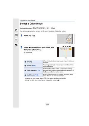 Page 1686. Shutter and Drive Settings
168
Select a Drive Mode
Applicable modes: 
You can change what the camera will do when you press the shutter button.
1Press 4 ().
2Press  2/1 to select the drive mode, and 
then press [MENU/SET].
A Drive mode
•To cancel the drive mode, select [ ]. The setting will switch to  [Single].
•Settings for each drive mode can be changed by pressing 3.
1[Single]When the shutter button is pressed, only one picture is 
recorded.
2[Burst] 
(P169) Recordings are made in succession while...
