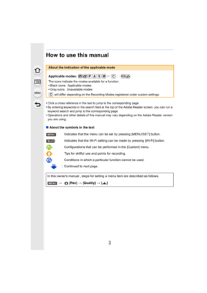 Page 33
How to use this manual
•Click a cross reference in the text to jump to the corresponding page.•By entering keywords in the search field at the top of the Adobe Reader screen, you can run a 
keyword search and jump to the corresponding page.
•Operations and other details of this manual may vary depending  on the Adobe Reader version 
you are using.
∫ About the symbols in the text
About the indication of the applicable mode
Applicable modes: 
The icons indicate the modes available for a function.•Black...