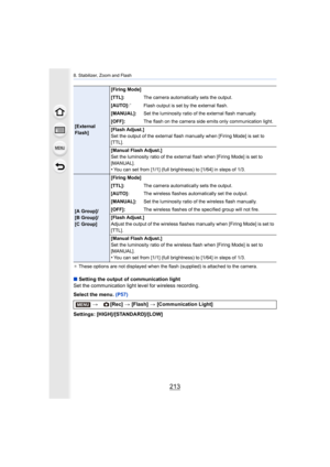 Page 213213
8. Stabilizer, Zoom and Flash
¢ These options are not displayed when the flash (supplied) is attached to the camera.
∫ Setting the output of communication light
Set the communication light level for wireless recording.
Select the menu.  (P57)
Settings: [HIGH]/[STANDARD]/[LOW]
[External 
Flash] [Firing Mode]
[TTL]:
The camera automatically sets the output.
[AUTO]:
¢Flash output is set by the external flash.
[MANUAL]: Set the luminosity ratio of the external flash manually.
[OFF]: The flash on the...