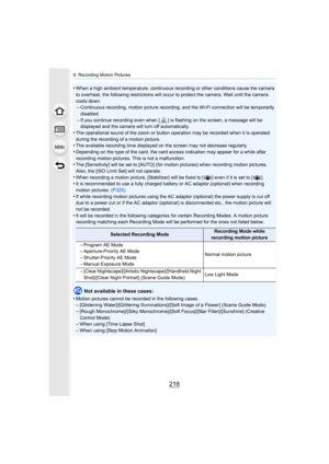 Page 2169. Recording Motion Pictures
216
•When a high ambient temperature, continuous recording or other conditions cause the camera 
to overheat, the following restrictions will occur to protect the camera. Wait until the camera 
cools down.
–Continuous recording, motion picture recording, and the Wi-Fi c onnection will be temporarily 
disabled.
–If you continue recording even when [ ] is flashing on the scree n, a message will be 
displayed and the camera will turn off automatically.
•The operational sound of...