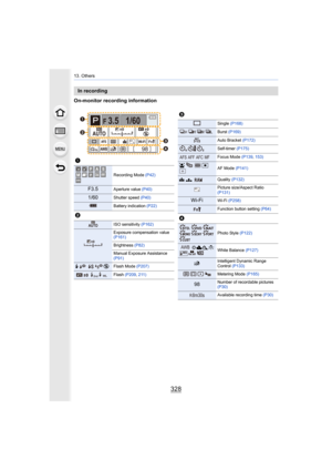 Page 32813. Others
328
On-monitor recording information
In recording
1
Recording Mode (P42)
F3.5Aperture value (P40)
1/60Shutter speed (P40)
Battery indication  (P22)
2
ISO sensitivity (P162)
Exposure compensation value 
(P161)
Brightness (P82)
Manual Exposure Assistance 
(P91)
‰ŒFlash Mode  (P207)
Flash (P209, 211)
98AW B
000ISOAUTO
AFS
AFSFnWi-FiL4:3
F 3.5 1/60



C11EXPS
EXPS
ISOAUTO
00
WL
3
Single 
(P168)
Burst (P169)
Auto Bracket  (P172)
Self-timer (P175)
Focus Mode  (P139, 153)
šØAF Mode  (P141)...