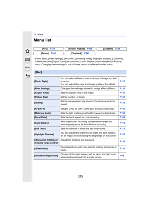 Page 335335
13. Others
Menu list
•[Photo Style], [Filter Settings], [AFS/AFF], [Metering Mode], [Highlight Shadow], [i.Dynamic], 
[i.Resolution] and [Digital Zoom] are common to both the [Rec]  menu and [Motion Picture] 
menu. Changing these settings in one of these menus is reflecte d in other menu.
[Rec]
P335 [Motion Picture] P338[Custom]P339
[Setup] P341 [Playback]P343
[Rec]
[Photo Style] You can select effects to match the type of image you wish 
to record.
You can adjust the color and image quality of the...