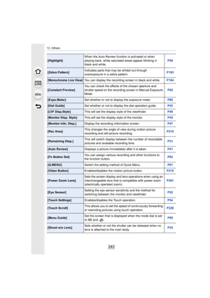 Page 34013. Others
340
[Highlight]When the Auto Review function is activated or when 
playing back, white saturated areas appear blinking in 
black and white.
P50
[Zebra Pattern]
Indicates parts that may be whited out through 
overexposure in a zebra pattern. P193
[Monochrome Live View]You can display the recording screen in black and white.
P194
[Constant Preview]You can check the effects of the chosen aperture and 
shutter speed on the recording screen in Manual Exposure 
Mode.
P92
[Expo.Meter]
Set whether or...