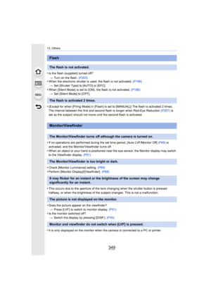 Page 349349
13. Others
•Is the flash (supplied) turned off?> Turn on the flash.  (P203)
•When the electronic shutter is used, the flash is not activated . (P166)
> Set [Shutter Type] to [AUTO] or [EFC].
•When [Silent Mode]  is set to  [ON] , the flash is not activated.  (P186)
> Set [Silent Mode] to [OFF].
•(Except for when [Firing Mode] in [Flash] is set to [MANUAL]) T he flash is activated 2 times. 
The interval between the first and second flash is longer when  Red-Eye Reduction (P207) is 
set so the subject...