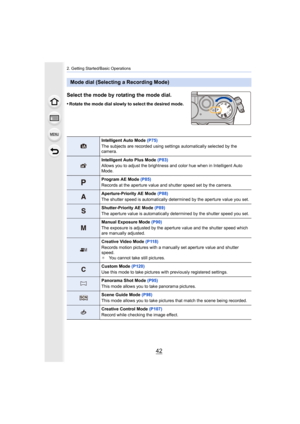 Page 422. Getting Started/Basic Operations
42
Select the mode by rotating the mode dial.
•Rotate the mode dial slowly to select the desired mode.
Mode dial (Selecting a Recording Mode)
Intelligent Auto Mode (P75)
The subjects are recorded using settings automatically selected  by the 
camera.
Intelligent Auto Plus Mode  (P83)
Allows you to adjust the brightness and color hue when in Intel ligent Auto 
Mode.
Program AE Mode  (P85)
Records at the aperture value and shutter speed set by the came ra....