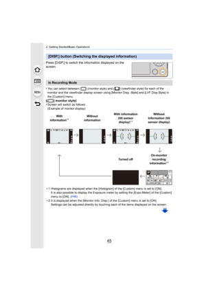 Page 4545
2. Getting Started/Basic Operations
Press [DISP.] to switch the information displayed on the 
screen.
•
You can select between [ ] (monitor style) and [ ] (viewfinder style) for each of the 
monitor and the viewfinder display screen using [Monitor Disp. Style] and [LVF Disp.Style] in 
the [Custom] menu.
([ ] monitor style)
•Screen will switch as follows:
(Example of monitor display)
¢ 1 Histograms are displayed when the [Histogram] of the [Custom]  menu is set to [ON].
It is also possible to display...