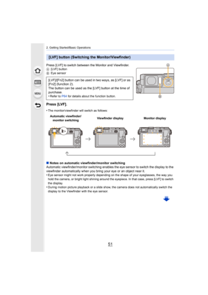 Page 5151
2. Getting Started/Basic Operations
Press [LVF] to switch between the Monitor and Viewfinder.A[LVF] button
B Eye sensor
Press [LVF].
•The monitor/viewfinder will switch as follows:
∫Notes on automatic viewfinder/monitor switching
Automatic viewfinder/monitor switching enables the eye sensor t o switch the display to the 
viewfinder automatically when y ou bring your eye or an object near it.
•
Eye sensor might not work properly depending on the shape of yo ur eyeglasses, the way you 
hold the camera,...