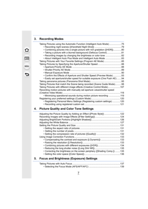Page 77
3.  Recording Modes
Taking Pictures using the Automatic Function (Intelligent Auto Mode) ...................75
• Recording night scenes ([iHandheld Night Shot]) ................ ..........................79
• Combining pictures into a single picture with rich gradation  ([iHDR]).............80
• Taking a picture with a blurred background (Defocus Control) . ......................81
• Recording images by changing the brightness or color tone .... .....................82
• About Intelligent Auto Plus...