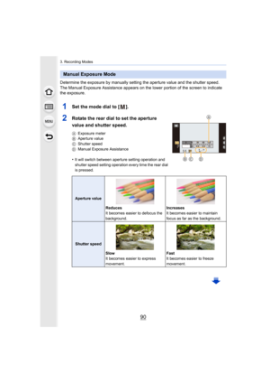 Page 903. Recording Modes
90
Determine the exposure by manually setting the aperture value and the shutter speed.
The Manual Exposure Assistance appears on the lower portion of  the screen to indicate 
the exposure.
1Set the mode dial to [ ].
2Rotate the rear dial to set the aperture 
value and shutter speed.
A Exposure meter
B Aperture value
C Shutter speed
D Manual Exposure Assistance
•It will switch between aperture setting operation and 
shutter speed setting operation every time the rear dial 
is pressed....