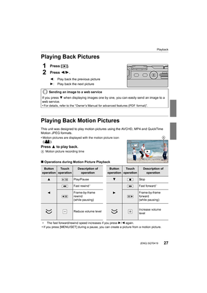 Page 2727
Playback
 (ENG) SQT0419
Playing Back Pictures
1Press [(].
2Press  2/1.
Playing Back Motion Pictures
This unit was designed to play motion pictures using the AVCHD,  MP4 and QuickTime 
Motion JPEG formats.
•
Motion pictures are displayed with the motion picture icon 
([ ]).
Press  3 to play back.
A Motion picture recording time
∫Operations during Motion Picture Playback 2: Play back the previous picture
1: Play back the next picture
Sending an image to a web service
If you press 
4 when displaying...