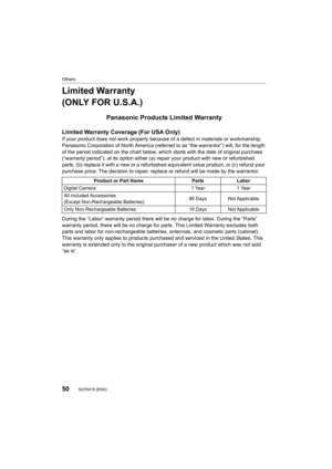 Page 5050
Others
SQT0419 (ENG) 
Limited Warranty 
(ONLY FOR U.S.A.)
Panasonic Products Limited Warranty
Limited Warranty Coverage (For USA Only) 
If your product does not work properly because of a defect in materials or workmanship, 
Panasonic Corporation of North America (referred to as “the war rantor”) will, for the length 
of the period indicated on the chart below, which starts with the date of original purchase 
(“warranty period”), at its option either (a) repair your produ ct with new or refurbished...
