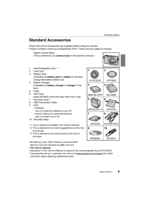 Page 99
Preparation/Basic
 (ENG) SQT0419
Standard Accessories
Check that all the accessories are supplied before using the camera.
Product numbers correct as of September 2014. These may be subj ect to change.
Digital Camera Body
(This is referred to as  camera body in this owner's manual.)
1 Interchangeable Lens
¢ 1,  ¢3
2 Lens Cap¢2
3 Battery Pack
(Indicated as  battery pack or battery in the text)
Charge the battery before use.
4 Battery Charger (Indicated as  battery charger  or charger  in the 
text)...