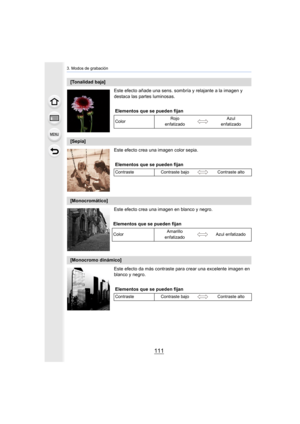 Page 111111
3. Modos de grabación
Este efecto añade una sens. sombría y relajante a la imagen y 
destaca las partes luminosas.
Este efecto crea una imagen color sepia.
Este efecto crea una imagen en blanco y negro.
Este efecto da más contraste para crear una excelente imagen en 
blanco y negro.
[Tonalidad baja]Elementos que se pueden fijan
Color Rojo 
enfatizado Azul 
enfatizado
[Sepia]
Elementos que se pueden fijan
Contraste Contraste bajo Contraste alto
[Monocromático]
Elementos que se pueden fijan
Color...