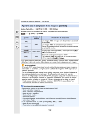 Page 1324. Ajustes de calidad de la imagen y tono de color
132
Modos Aplicables: 
Ajuste el grado de compresión al que las imágenes han de almacenarse.
¢1 Si borra un archivo RAW de la cámara, también se borrará la imagen JPEG correspondiente.¢2 Se fija al máximo de píxeles ([L]) grabables para cada relación de aspecto de la imagen.
No disponible en estos casos:
•
Los siguientes efectos no se reflejan en las imágenes RAW:–Modo automático inteligente–Modo automático inteligente Plus–Modo de guía a la escena–Modo...