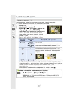 Page 147147
5. Ajustes de enfoque y brillo (exposición)
Puede establecer la posición de enfoque precisamente al ampliar la pantalla.
•La posición de enfoque no se puede fijar en el borde de la pantalla.
1Pulse 2 ().2Seleccione [ ] y presione  4.
3Presione  3/4 /2 /1  para ajustar la posición del 
enfoque y luego presione [MENU/SET].
•
La pantalla de ayuda para el ajuste de la posición de 
enfoque se visualiza en un tamaño más grande.
•La pantalla de ayuda también se puede visualizar 
tocando el sujeto.
4Mueva...