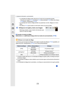 Page 1706. Ajustes del obturador y accionamiento
170
•La velocidad de ráfaga puede reducirse en función de los siguientes ajustes.–[Tamaño de imagen] (P131)/[Calidad] (P132)/[Sensibilidad]  (P162)/Modo del enfoque 
(P139) /[Prior. enfoque/obtu.]  (P152)
•La velocidad del modo de ráfaga también se puede fijar con [Vel. ráfaga] en el menú 
[Rec].
•Se refiera a P132 para ampliar la información sobre los archivos RAW.
4Enfoque en el sujeto y tome una imagen.
•Mantenga pulsado a tope el botón del obturador para...