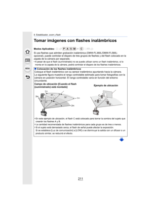 Page 211211
8. Estabilizador, zoom y flash
Tomar imágenes con flashes inalámbricos
Si usa flashes que admiten grabación inalámbrica (DMW-FL360L/DMW-FL580L: 
opcional), puede controlar el disparo de tres grupos de flashes y del flash colocado en la 
zapata de la cámara por separado.
•
A pesar de que el flash (suministrado) no se puede utilizar como un flash inalámbrico, si lo 
monta en la zapata de la cámara, podrá controlar el disparo de los flashes inalámbricos.
Modos Aplicables: 
∫ Colocación de los flashes...