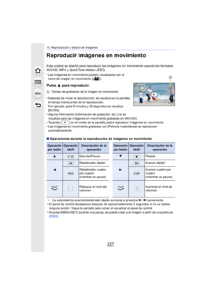 Page 227227
10. Reproducción y edición de imágenes
Reproducir imágenes en movimiento
Esta unidad se diseñó para reproducir las imágenes en movimiento usando los formatos 
AVCHD, MP4 y QuickTime Motion JPEG.
•
Las imágenes en movimiento pueden visualizarse con el 
icono de imagen en movimiento ([ ]).
Pulse  3 para reproducir.
ATiempo de grabación de la imagen en movimiento
•Después de iniciar la reproducción, se visualiza en la pantalla 
el tiempo transcurrido de la reproducción.
Por ejemplo, para 8 minutos y 30...