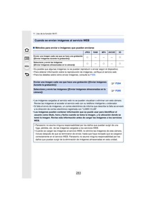 Page 283283
11. Uso de la función Wi-Fi
∫Métodos para enviar e imágenes que pueden enviarse
•
Es posible que algunas imágenes no se puedan reproducir o enviar según el dispositivo.•Para obtener información sobre la reproducción de imágenes, verifique el servicio web.•Para los detalles sobre cómo enviar imágenes, consulte la  P300.
•Las imágenes cargadas al servicio web no se pueden visualizar o eliminar con esta cámara. 
Revise las imágenes al acceder al servicio web con su teléfono inteligente u ordenador.
•Si...