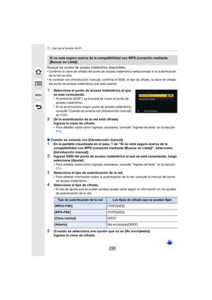 Page 29611. Uso de la función Wi-Fi
296
Busque los puntos de acceso inalámbrico disponibles.
•Confirme la clave de cifrado del punto de acceso inalámbrico seleccionado si la autenticación 
de la red se cifra.
•Al conectar con [Introducción manual], confirme el  SSID, el tipo de cifrado, la clave de cifrado 
del punto de acceso inalámbrico que está usando.
1Seleccione el punto de acceso inalámbrico al que 
se está conectando.
•
Al presionar [DISP. ]  se buscará de nuevo el punto de 
acceso inalámbrico.
•Si no se...