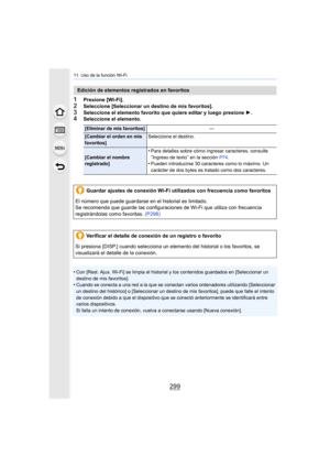 Page 299299
11. Uso de la función Wi-Fi
1Presione [Wi-Fi].2Seleccione [Seleccionar un destino de mis favoritos].
3Seleccione el elemento favorito que quiere editar y luego presione 1.4Seleccione el elemento.
•
Con [Rest. Ajus. Wi-Fi] se limpia el historial y los contenidos guardados en [Seleccionar un 
destino de mis favoritos].
•Cuando se conecta a una red a la que se conectan varios ordenadores utilizando [Seleccionar 
un destino del histórico] o [Seleccionar un destino  de mis favoritos], puede que falle el...