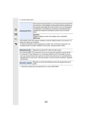 Page 30411. Uso de la función Wi-Fi
304
•Para detalles sobre cómo ingresar caracteres, consulte “Ingreso de texto” en la sección P74.
•Haga una copia de la contraseña.
Si olvida la contraseña, puede restablecerla co n [Rest. Ajus. Wi-Fi] en el menú [Conf.], sin 
embargo también se pueden restablecer otros ajustes. (excepto [LUMIX CLUB] )
•Una “dirección MAC” es una dirección única que  se utiliza para identificar el equipo de red.•La “dirección IP” hace referencia a un número que identifica una PC conectada a...