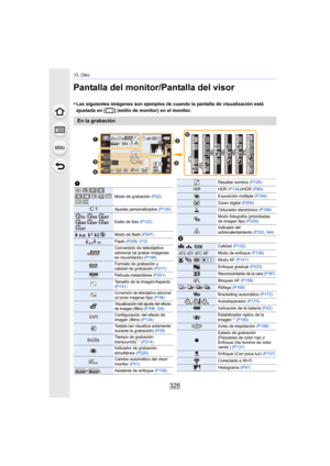 Page 32613. Otro
326
Pantalla del monitor/Pantalla del visor
•Las siguientes imágenes son ejemplos de cuando la pantalla de visualización está 
ajustada en [ ] (estilo de monitor) en el monitor.
En la grabación
98 98
98
AFS
AFS
AFSL4:3
0é0å0ó
0é0å0ó
200
0020020060
60
60
3.5
3.5
3.50
0AEL
AEL
AELBKT
BKT
BKTAWB
AWB
AWB
ISO ISO
SS
SS
SS
F
F™™
Fn7
Fn7
Fn7
Fn7 Fn4
Fn4
Fn4
Fn4 Fn3 Fn3
Fn3
Fn3
Fn5
Fn5
Fn5
Fn5
Fn6
Fn6
Fn6
Fn6SNAP
SNAPSNAP
MINI
MINI
MINI
MINI




 
1
Modo de grabación 
(P42)
Ajustes personalizados...