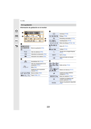 Page 32813. Otro
328
Información de grabación en el monitor
En la grabación
1
Modo de grabación (P42)
F3.5Valor de abertura (P40)
1/60Velocidad de obturación  (P40)
Indicación de la batería (P22)
2
Sensibilidad ISO (P162)
Valor de compensación de la 
exposición (P161)
Brillo (P82)
Asistencia de la exposición 
manual  (P91)
‰ŒModo de flash (P207)
Flash  (P209, 211)
98AW B
000ISOAUTO
AFS
AFSFnWi-FiL4:3
F 3.5 1/60



C11EXPS
EXPS
ISOAUTO
00
WL
3
Individual 
(P168)
Ráfaga (P169)
Bracketing automático  (P172)...