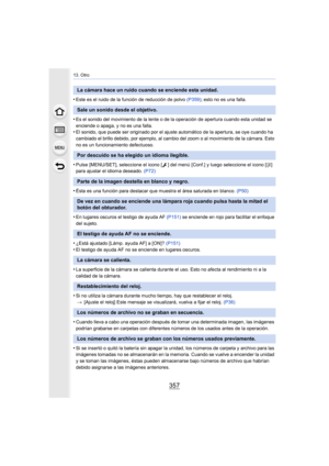 Page 357357
13. Otro
•Este es el ruido de la función de reducción de polvo (P359); esto no es una falla.
•Es el sonido del movimiento de la lente o de la operación de apertura cuando esta unidad se 
enciende o apaga, y no es una falla.
•El sonido, que puede ser originado por el ajuste automático de la apertura, se oye cuando ha 
cambiado el brillo debido, por ejemplo, al cambio  del zoom o al movimiento de la cámara. Esto 
no es un funcionamiento defectuoso.
•Pulse [MENU/SET], seleccione el icono [ ] del menú...
