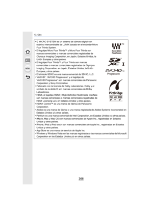 Page 366366
13. Otro
•G MICRO SYSTEM es un sistema de cámara digital con 
objetivo intercambiable de LUMIX basado en el estándar Micro 
Four Thirds System.
•El logotipo Micro Four Thirds™ y Micro Four Thirds son 
marcas comerciales o marcas comerciales registradas de 
Olympus Imaging Corporation, en Japón, Estados Unidos, la 
Unión Europea y otros países.
•El logotipo Four Thirds™ y Four Thirds son marcas 
comerciales o marcas comerciales registradas de Olympus 
Imaging Corporation, en Japón, Estados Unidos, la...