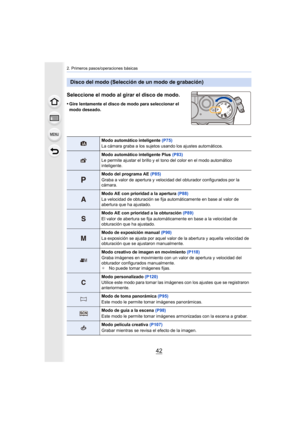 Page 422. Primeros pasos/operaciones básicas
42
Seleccione el modo al girar el disco de modo.
•Gire lentamente el disco de modo para seleccionar el 
modo deseado.
Disco del modo (Selección de un modo de grabación)
Modo automático inteligente (P75)
La cámara graba a los sujetos usando los ajustes automáticos.
Modo automático inteligente Plus  (P83)
Le permite ajustar el brillo y el tono del color en el modo automático 
inteligente.
Modo del programa AE  (P85)
Graba a valor de apertura y velocidad del obturador...