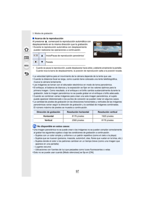 Page 9797
3. Modos de grabación
∫Acerca de la reproducción
Al presionar 3, comenzará la reproducción automática con 
desplazamiento en la misma dirección que la grabación.
•Durante la reproducción automática con desplazamiento 
pueden realizarse las operaciones a continuación.
¢
Cuando se pausa la reproducción, puede desplazarse  hacia atrás y adelante arrastrando la pantalla. 
Cuando toca la barra de desplazamiento, la posición de reproducción salta a la posición tocada.
•La velocidad óptima para el movimiento...