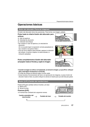 Page 1717
Preparación/principios básicos
 (SPA) SQT0419
Operaciones básicas
El botón del obturador tiene dos posiciones. Para tomar una imagen, púlselo.
Pulse hasta la mitad el botón del obturador para 
enfocar.
AValor de apertura
B Velocidad de obturación
C Indicación del enfoque
•Se muestran el valor de apertura y la velocidad de 
obturación. 
(Si no se puede lograr la exposición correcta parpadeará en 
rojo, excepto si se ajusta el flash.)
•Una vez que el objetivo está enfocado, aparece la indicación 
del...